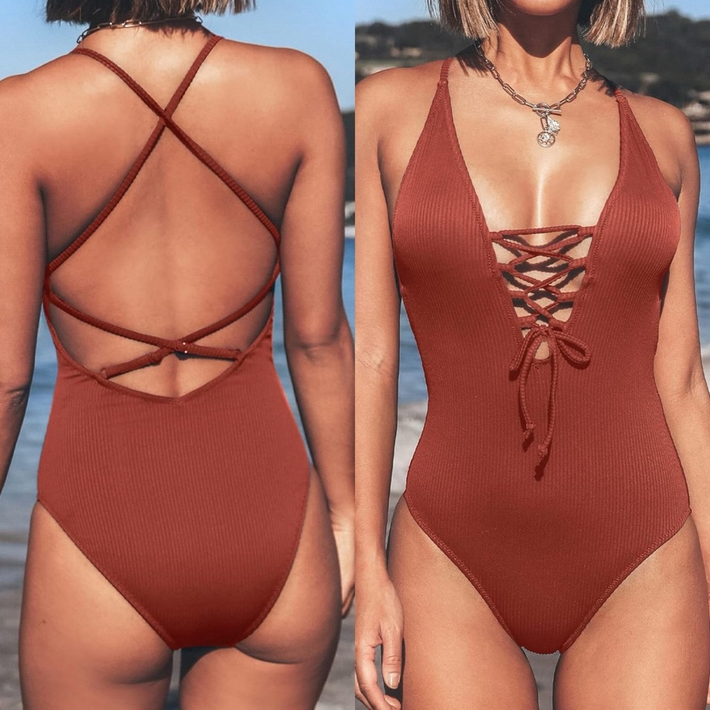 NWT Women's‎ V Neck Lace Up One Piece Swimsuit SIZE LARGE